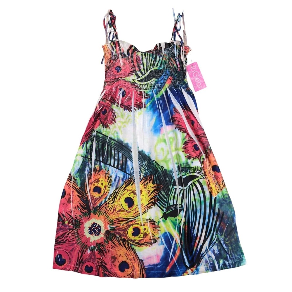 NWT InGear Peacock Print Mini Dress Sz L Smocked Tie Straps Boho Festival Beach